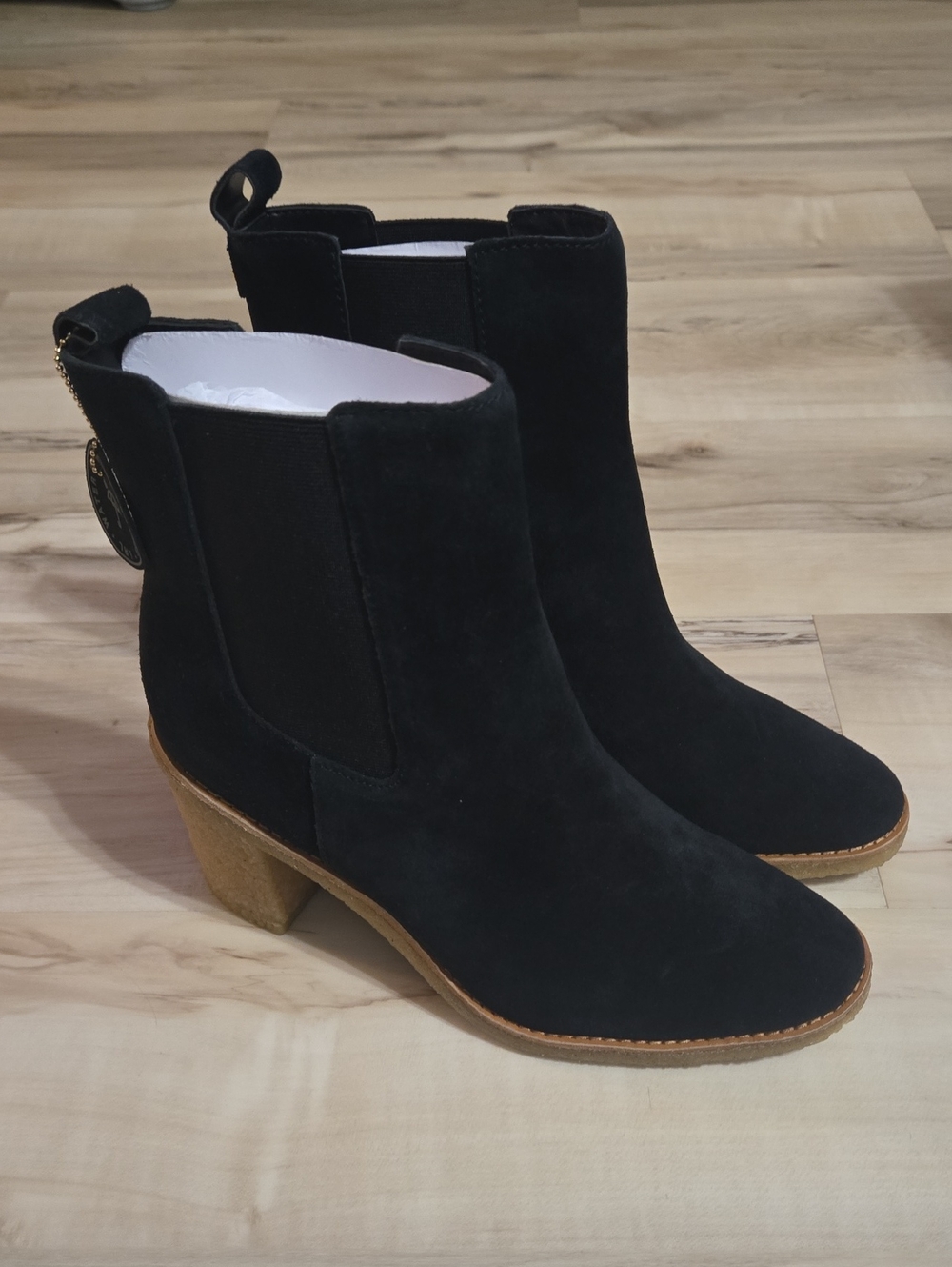 Lauren Ralph Lauren Black Suede Ankle Booties with Tan Stacked Heel